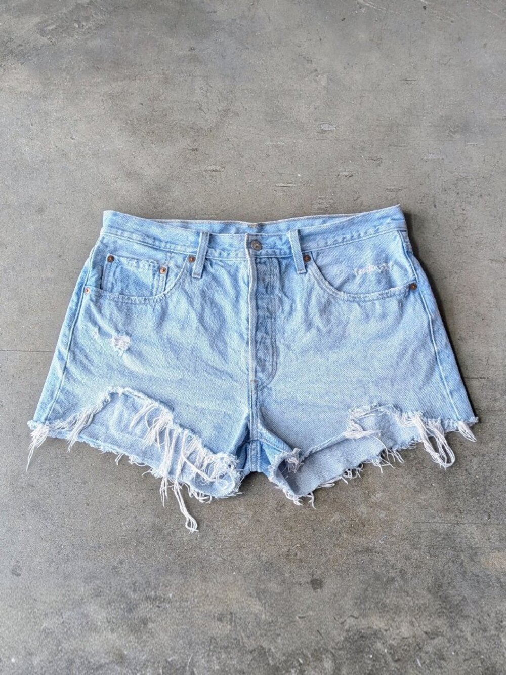 Levi's 501 Light Blue Distressed Denim High Rise Jean Shorts size 33